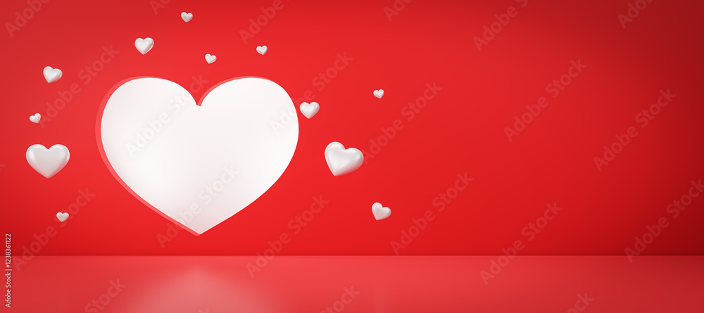 Poster white hearts on a red background with a central large heart. 3d rendering