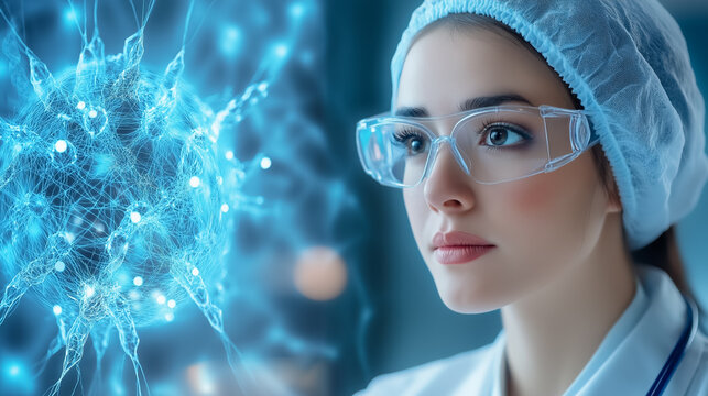 Professional female doctor analyzing complex biological data in a modern laboratory