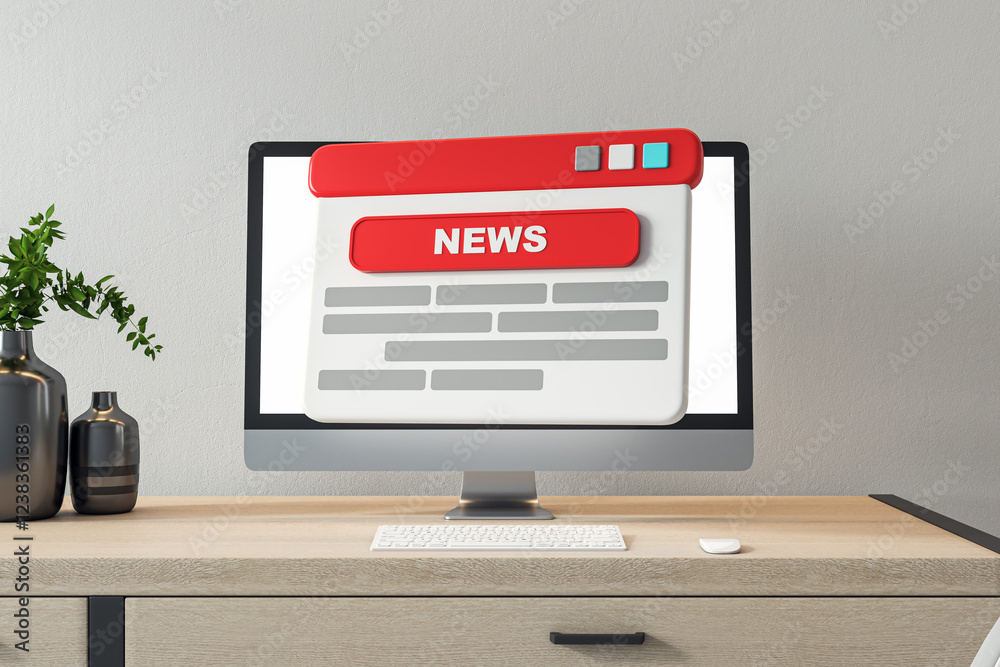 Poster Digital news interface displayed on desktop monitor in modern office setup with decor. 3D Rendering