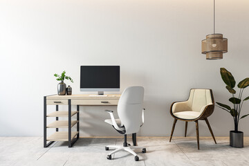 Modern home office with desk, chair, and decor on neutral backdrop. 3D Rendering