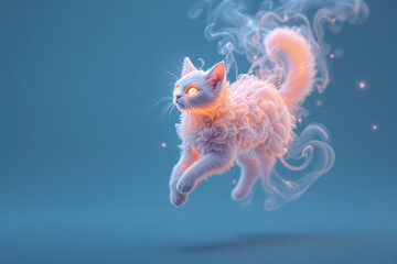 A stunning photorealistic 3D render featuring a dreamy and surreal floating smoke cat, elegantly crafted in a minimalistic, centered composition. The smoke forms the shape of a cat with detailed fur