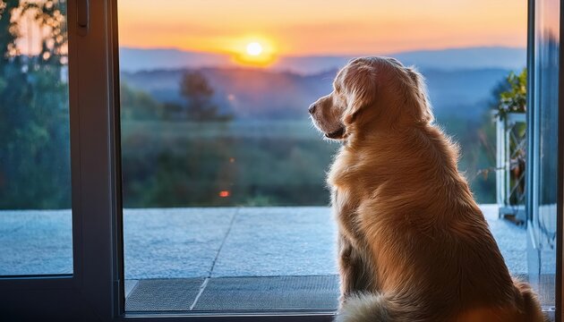 A golden retriever sits peacefully by the door, gazing at the vibrant sunset in the distance.