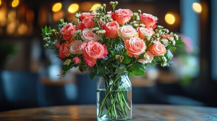 Obraz premium A vibrant bouquet of pink and peach roses in a glass vase, set on a wooden table in a cozy caf?