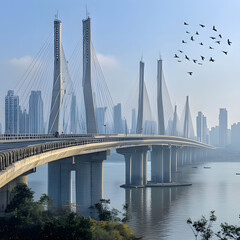 Obraz premium Inspiring view of a modern bridge connecting urban architecture with natural beauty during a clear day. Generative AI