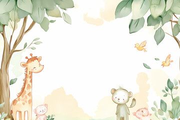 A cute cartoon watercolor illustration of baby animals like giraffes, elephants, and birds in the jungle with green foliage. The background is white with some light pastel colors for coloring pages