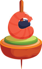 Canape with shrimp, cucumber, olive and small piece of bread holding by wooden skewer, creating delicious and visually appealing appetizer