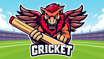 A fierce red eagle holding a cricket bat with a bold "Cricket" text on a stadium background, representing sports, strength, and competition, designed as a mascot-style team logo.