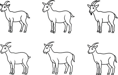 This image features six stylized, black line art illustrations of goats.