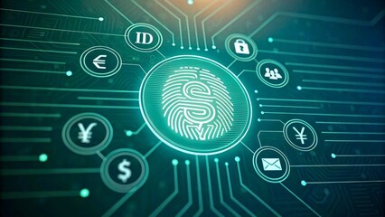 Obraz premium Digital Security Concept with Fingerprint and Various Financial Icons and Data Connections