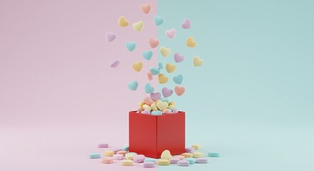 Candy heart explosion overhead shot of colorful candy hearts cascading from a red box3