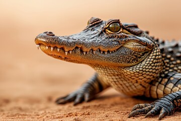 Fototapeta premium A Crocodile Basking on the Riverbank Under Dappled Sunlight in a Lush Tropical Environment The Powerful Reptile Rests Patiently Alert and Vigilant Blending Seamlessly with the Natural Surroundings