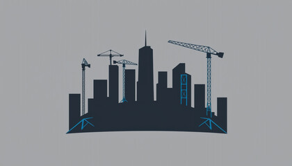 A construction illustration featuring a city skyline with cranes on a grey background, symbolizing urban development and infrastructure, ideal for real estate and construction branding.







