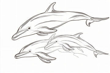 Fototapeta premium black line art illustration of swimming dolphins with ribbons, flowing line