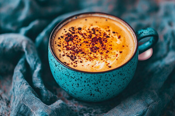 Delicious cup of coffee with foam on blue fabric