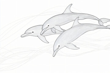 Obraz premium black line art illustration of swimming dolphins with ribbons, flowing line