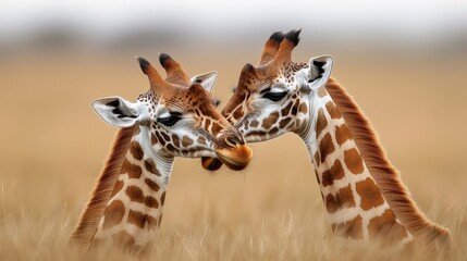 Obraz premium A pair of graceful giraffes playfully intertwining their long necks in a tranquil African savanna landscape showcasing the beauty and harmony of wildlife in their natural habitat