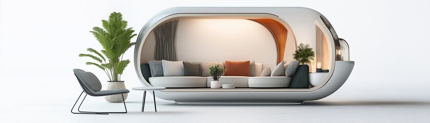 A sleek and elegant living space contained within a pod capsule.