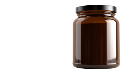 Empty amber glass jar with black lid on transparent background