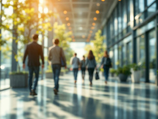 People walking inside modern building with large windows during sunny day