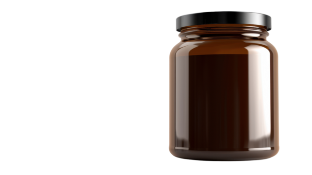 Empty amber glass jar with black lid on transparent background