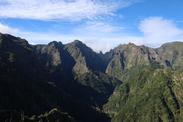 Obraz premium Towering mountains rise sharply against a brilliant blue sky, surrounded by dense green forests. Sunlight casts shadows, highlighting the rugged terrain and natural splendor.