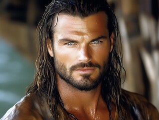 Handsome Man with Long Hair and Blue Eyes