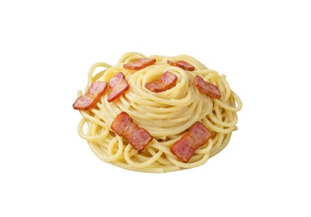 Carbonara pasta with bacon isolated on white background