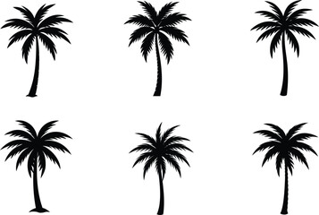 Naklejka premium Simple, clean silhouettes of six palm trees against a white background.