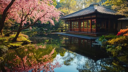 Obraz premium A serene garden with cherry blossoms reflecting on a pond near a peaceful wooden house surrounded by lush greenery.