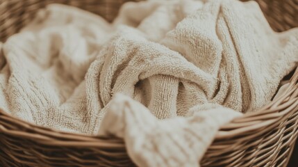 Beige towels in wicker basket, laundry room, cozy home