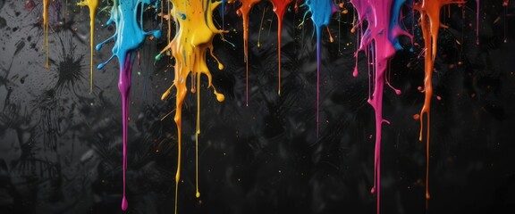 Textured, multicolored paint drips and splatters on a dark, blurred surface, smeared, blended, messy