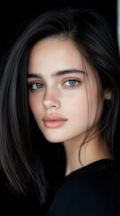 Fototapeta premium Cinematic portrait of a woman with flowing hair and captivating eyes against a blurred backdrop