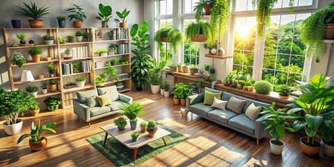 Fototapeta premium Aerial View of Bright Living Room with Lush Potted Plants