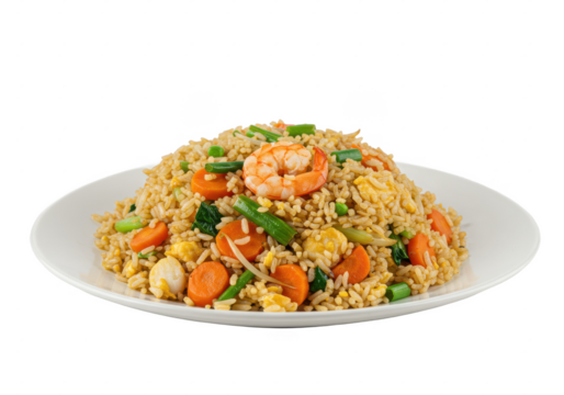 Fried rice with vegetables isolated on white background, front view, no depth of field, sharp.