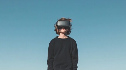 Boy using VR headset outdoors, clear sky background