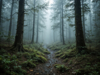 Naklejka premium Foggy forest trees stand tall with path disappearing in mist creating mystical scene