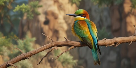 Fototapeta premium The bee eater perched on a branch with its long, curved beak, branch, natural world, curved beak