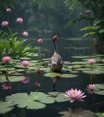 Obraz premium The beauty of water lilies with a delicate grebe perched on its petals in the foreground , scenery, nature