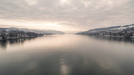 Obraz premium Calm winter lake, snow-covered hills, sunrise