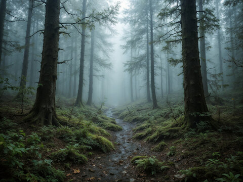 Foggy forest trees stand tall with path disappearing in mist creating mystical scene