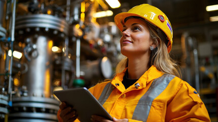 Engineer inspecting industrial equipment with tablet in hand, wearing safety gear and helmet, showcasing focused expression