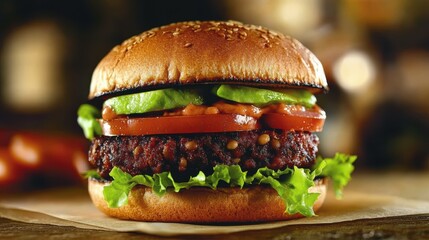 A savory vegan burger made from black beans showcases layers of fresh lettuce, tomatoes, and creamy sauce. Perfect for a healthy meal at any time of day, highlighting plant-based goodness