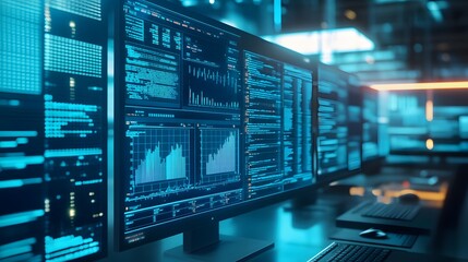 Cybersecurity Command Center: Multiple large monitors display complex data streams and graphs in a dimly lit server room.