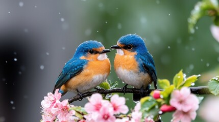 Fototapeta premium Two bluebirds perched on flowering branch, springtime rain