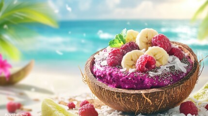A colorful acai bowl sits in a coconut shell, garnished with banana slices and raspberries. This healthy treat is set against a beautiful beach backdrop under sunny skies