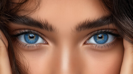 Fototapeta premium Captivating close-up of a woman with enchanting eyes and silky hair in soft focus