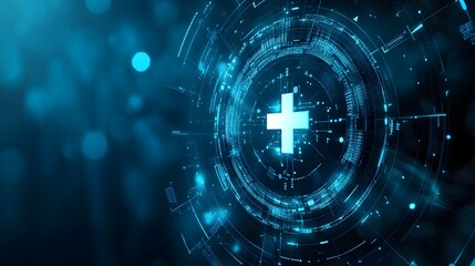 Obraz premium Digital Healthcare Innovation: A luminous cross symbol shimmers within a dynamic circle of swirling digital data, evoking a sense of cutting-edge medical technology, connectivity, and advancement. 