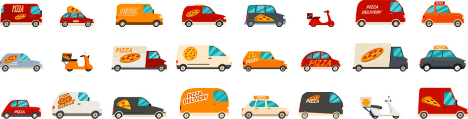 Naklejka premium Pizza delivery car icons set. Various colorful vehicles delivering pizza to hungry customers, ensuring fast and efficient food transportation
