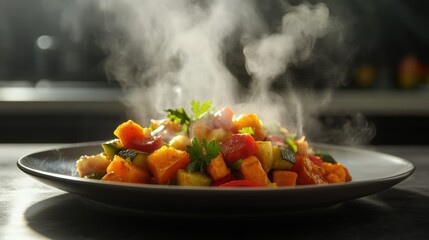 A vibrant medley of roasted vegetables is beautifully arranged on a dark plate, emitting steam. Fresh herbs garnish the dish, highlighting the healthy, appetizing meal in a warm kitchen environment