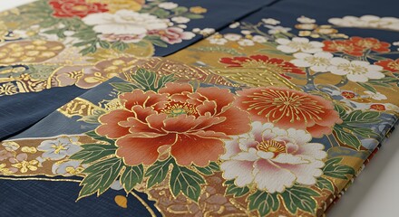 Elegant Japanese Kimono Fabric Peonies Gold Floral Design